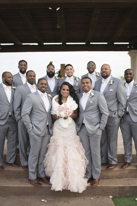 Pink Wedding Groomsmen, Sneakerhead Wedding, Light Grey Groomsmen Suits, Winter Wedding Groomsmen, Grey Groomsmen Suits, Groomsmen Photo Ideas, Blush And Grey Wedding, African American Wedding, Planning Outfits