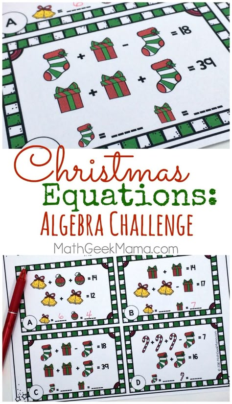 This set of FREE Christmas equation cards can be used by a variety of ages as a fun Christmas challenge to build algebraic thinking. Or you can use them as a fun way to introduce systems of equations in Algebra. Christmas Algebra Activities, Christmas Logic Puzzles Free, Christmas Math Games, Learning Multiplication Facts, Holiday Math Activities, Holiday Math Worksheets, Algebraic Equations, Christmas Math Worksheets, Christmas Math Activities