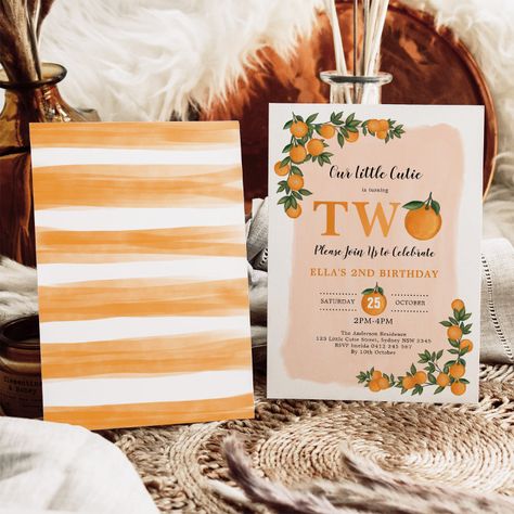 Cutie Orange, Summer Birthday Invitations, Garden Fruit, Fruit Birthday, Birthday Summer, Orange Citrus, Spring Birthday, 2nd Birthday Invitations, Invitation Text