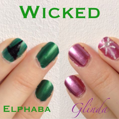 Wicked the Musical Nails Elphaba and Glinda Wicked The Musical Nails, Wicked Glinda Nails, Wicked Nails Designs, Elphaba Nails, Wicked Themed Nails, Wicked Musical Inspired Nails, Wicked Nail Designs, Wicked Musical Nail Designs, Wicked Movie Inspired Nails