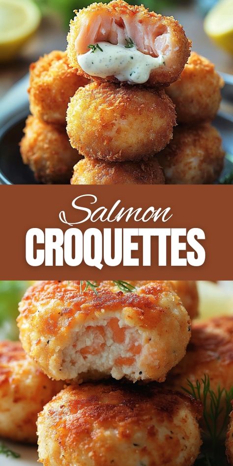 Salmon Croquettes  Ingredients:  16 oz fresh or canned salmon, flaked 1 large egg, lightly beaten ½ cup Panko breadcrumbs ¼ cup all-purpose flour ½ green bell pepper, chopped ½ red bell pepper, chopped ¼ cup mayonnaise 1 tablespoon Worcestershire sauce ¼ cup chopped cilantro ½ teaspoon garlic powder ½ teaspoon salt ¼ teaspoon black pepper Avocado oil (for frying)  #Salmon #Croquettes Fresh Salmon Patties, Salmon Croquettes Recipe, Low Carb Salmon, Crispy Salmon, Salmon Croquettes, Canned Salmon, Super Easy Dinner, Green Bell Pepper, Easy Salmon