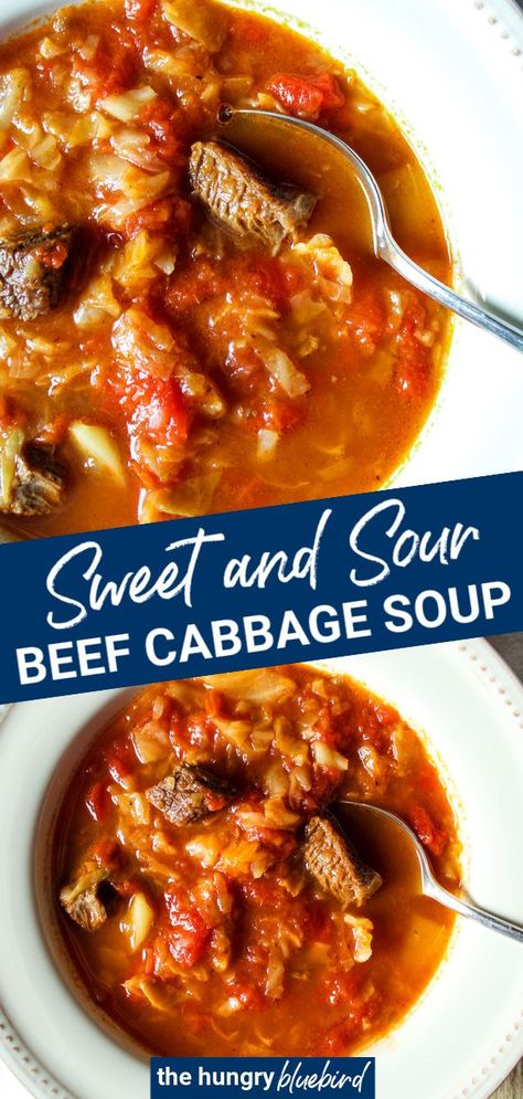 Sweet-and-Sour Beef Cabbage Soup, simple and comforting old world soup made with beef short ribs, cabbage, allspice, brown sugar and red wine vinegar. #thehungrybluebird #sweetandsour #beefcabbagesoup #delicabbagesoup #souprecipes #comfortfood Sweet Cabbage Soup, Sweet And Sour Cabbage Soup Jewish, Sweet And Sour Cabbage Soup, Red Cabbage Soup, Cabbage Beef, Sweet And Sour Soup, Sweet And Sour Beef, Beef Cabbage Soup, Sweet And Sour Cabbage