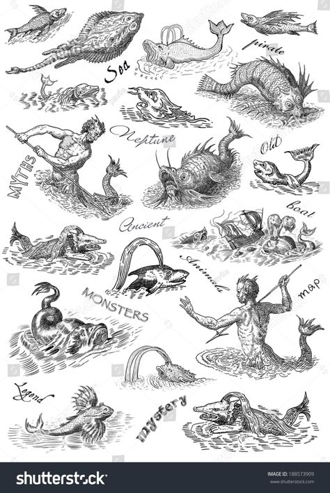 Neptune Monsters Illustration Stock Illustration 188573909 Monsters Illustration, Ocean Theme Tattoos, Sea Monsters Drawing, Compass Drawing, Sea Map, Cartography Map, Map Sketch, Fantasy Map Making, Map Symbols