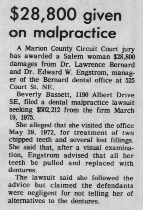 Statesman Journal (Salem Or)  29 Apr 1976 - $28,800 given on malpractice A Marion County... Marion County, Salem Oregon, Circuit Court, Dental Office, In Law Suite, Oregon