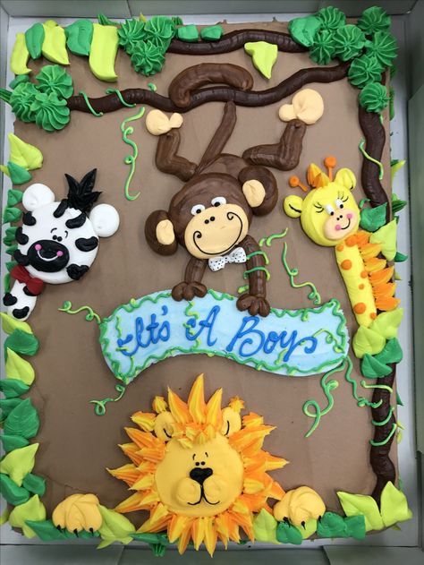 Jungle cake Simple Jungle Theme Cake Without Fondant, Safari Sheet Cake, Jungle Theme Cake Without Fondant, Zoo Cake Ideas, Baby Shower Food For Boy, Jungle Themed Cake, Baby Shower Sheet Cakes, Cakes Without Fondant, Safari Baby Shower Cake