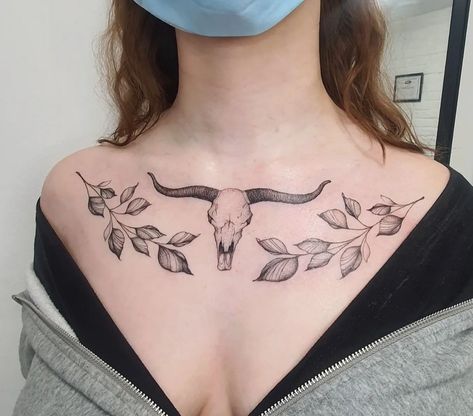 Antlers Chest Tattoo, Deer Chest Tattoo Female, Long Horn Tattoo For Women, Upper Chest Tattoo, Chest Tattoo Female Upper, Underboob Tattoos, Collar Tattoo, Deer Skull Tattoos, Bull Skull Tattoos