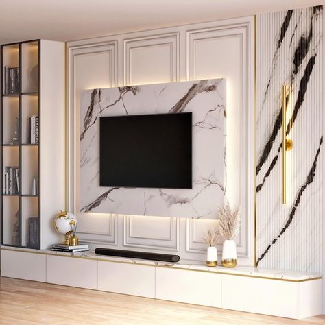 Ruang Tv Modern, Classic Tv Wall, Glamour Living Room, Luxury Tv Wall, Ruang Tv, Modern Tv Room, Tv Unit Design Modern, Modern Tv Wall Units, Tv Unit Interior Design