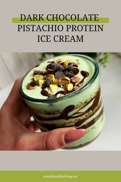 This no bake dessert is made with simple and flavorful ingredients| Easy, delicious and high in protein Dark Chocolate Pistachio, Pistachio Dessert Pudding, Cottage Cheese Ice Cream, Low Calorie Ice Cream, Protein Ice Cream Recipe, Healthy Chocolate Desserts, Cheese Ice Cream, Chocolate Pistachio, Low Carb Ice Cream