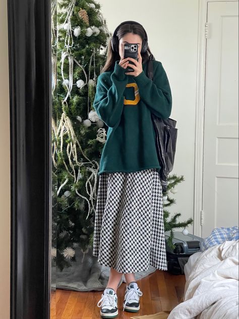 Nike Dunks With Skirt Outfit, Midi Skirt Baggy Shirt, Houndstooth Midi Skirt Outfit, Midi Skirt And Crewneck Outfit, Long Skirt Oversized Sweater, Midi Skirt Oversized Shirt, Long Skirt Big Sweater, Oversized Sweater Skirt Outfit, Sweater Midi Skirt Outfit