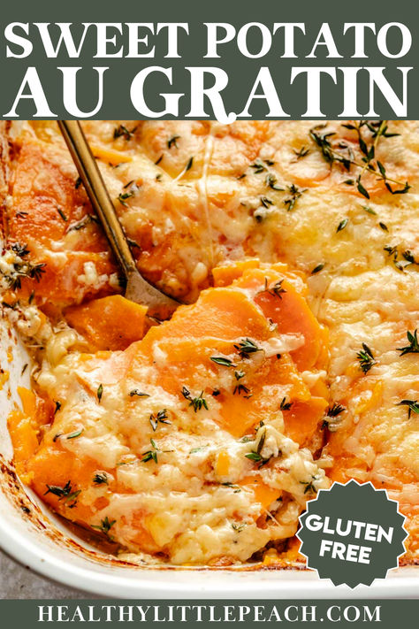 Indulge in the gluten-free comfort of Sweet Potato Au Gratin, where every bite is a warm hug for your taste buds! It's the perfect side dish and also great to take to your next holiday gathering. Sweet Potatoes Au Gratin, Cheesy Sweet Potato Recipes, Au Gratin Sweet Potatoes, Sweet Potato Scalloped Potatoes, Sweet Potato Au Gratin Recipes, Sweet Potato Au Gratin, Sweet Potato Gratin Recipes, Butternut Squash Sweet Potato Au Gratin, Sweet Potato And Potato Gratin