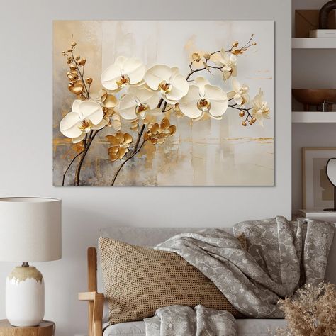 Designart "Minimalism Beige And Gold Orchids " Orchids Wall Art - Bed Bath & Beyond - 39985522 Orchid Wall Art, Gold Orchid, Traditional Wall Art, Picture Frame Designs, Mural Floral, Prints Art, Canvas Designs, Floral Wall Art, Floral Wall