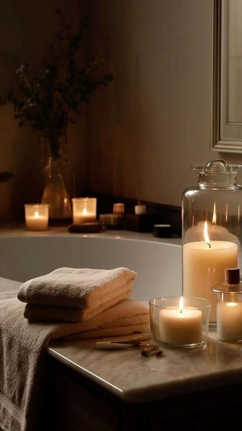 Personal Bathroom, Cozy Bath, Bath Aesthetic, Amber Jar Candle, Bathtub Caddy, Spa Candle, Bathroom Oasis, Meditation Candles, Bathroom Candles