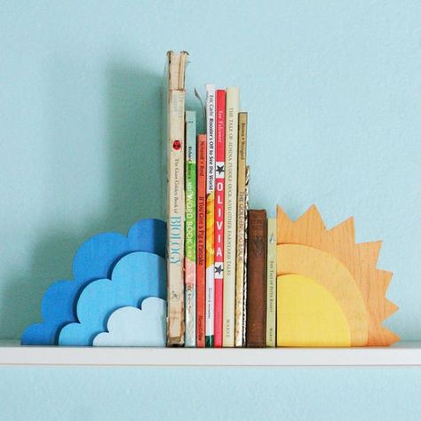 cloud/sun wooden bookends- this is really cute. Only I can't help but think of putting half a sun on either side on top of a cloud bookshelf I saw once.: Bookshelf Repurpose, Kids Bookends, Diy Bookends, Diy Bookshelf, Wooden Bookends, Sun And Clouds, Woodworking For Kids, Bookshelves Diy, Wood Working Gifts