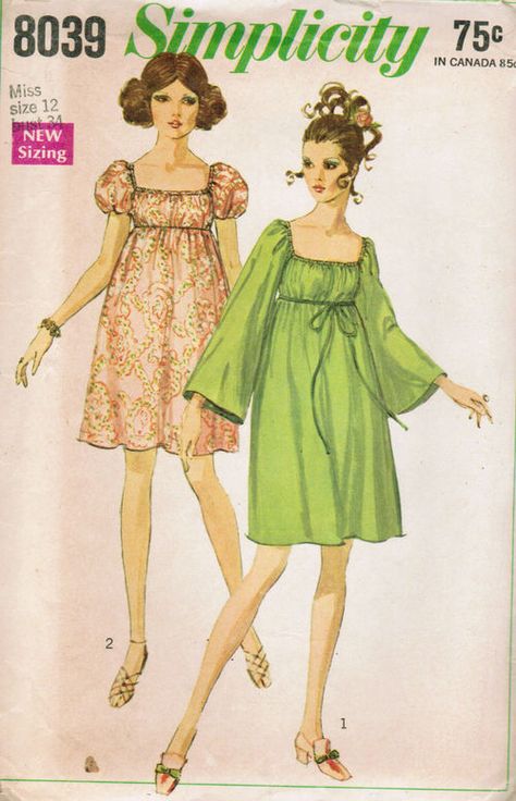 Simplicity 8039; ©1968; The dress with raglan sleeves has elastic casing at lowered square neckline and at empire waistline seam. A ribbon belt may be worn over seam slipped thru thread carriers. V1 has long bell sleeves. V2 has short puff sleeves with elastic casings at lower edges. [insert your photos of this pattern made up] Vintage Fashion 1960s, Vestidos Retro, Fashion 1960s, Vintage Dress Patterns, Couture Mode, Ribbon Belt, Motif Vintage, Retro Mode, Empire Waist Dress