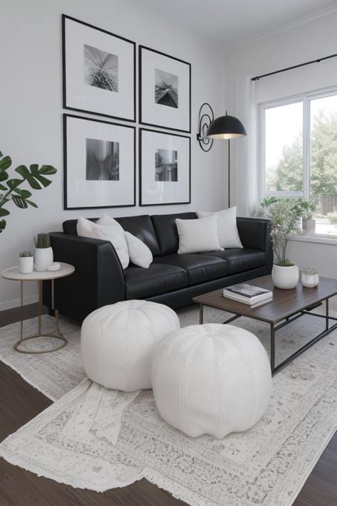 Black White And Wood Decor Living Room, Black And White Living Room Decor Modern Interior Design, Mixing Black And White Furniture, Living Room Designs Black, Living Room Monochrome, Salon Black And White, Black And White Farmhouse Living Room, White Minimalist Interior, Interior Design Brown