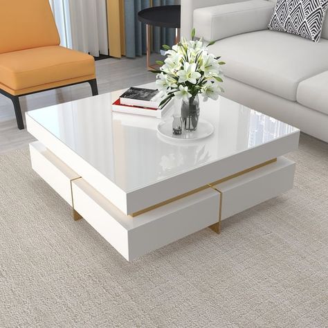 White Modern Square Coffee Table with Drawers Tempered Glass Top & Metal Legs Living Room Tables Coffee Tables, White Center Table, Centre Table Decor, Drawing Room Table, White Coffee Table Living Room, Modern Centre Table Designs, Centre Table Design, Centre Table Living Room, Sofa Table Design