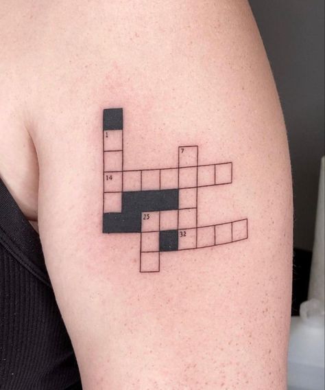 Crossword Tattoo Ideas, Sudoku Tattoo, Crossword Puzzle Tattoo, Uno Card Tattoo, Scrabble Tattoo, Crossword Tattoo, Protection Sigils, Horrible Tattoos, Puzzle Tattoos