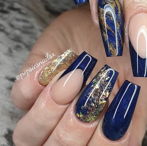 Royal Blue And Gold Ombre Nails, Blue And Gold Design Nails, Navy Blue With Rose Gold Nails, Navy Blue And Gold Gel Nails, Sapphire Blue And Gold Nails, Blue Gold And Black Nails, Navy Blue And Gold Nails Acrylic Coffin, Navy Blue And Yellow Nails Design, Blue Black Gold Nails