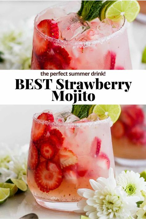 Strawberry Mojito - a light and refreshing strawberry mojito recipe that is perfect for hot summer days by the lake or pool! #strawberrymojito #strawberrymojitorecipe #strawberrymojitomocktail #summercocktails #mojitorecipes Strawberry Mojito Recipe, Fruity Cocktail Recipes, Classic Mojito, Strawberry Cocktails, Mojito Mocktail, Summer Drinks Alcohol, Strawberry Mojito, Strawberry Drinks, Mint Mojito