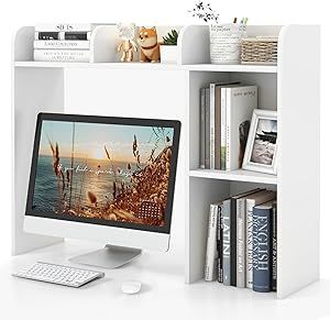 Tangkula Desktop Bookshelf, Countertop Storage Hutch with 5 Shelves for Computer Desk, Desktop 3-Tier Display Rack, Multipurpose Wood Desktop Hutch Storage Organizer for Dorm Office Home Multipurpose Desk, Desktop Bookshelf, Dorm Design, Bedroom Drawing, Desk Bookshelf, Work Supplies, Countertop Storage, Bookshelf Desk, White Desks