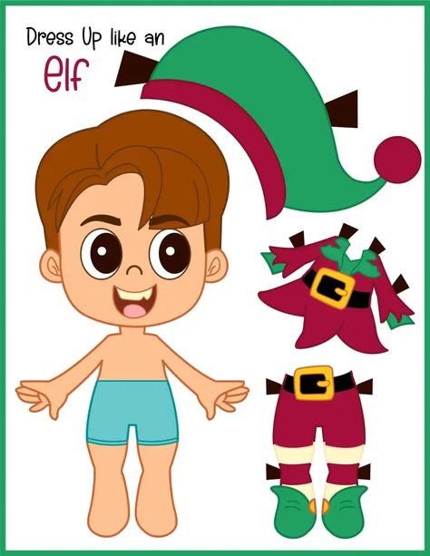 dress up like an elf free printable paper doll boy Christmas paper doll Christmas Elf Template, Boy Paper Dolls Printable Free, Elf Photo Craft Template, Elf Sitting On Shelf Printables, Christmas Elf Printables, Paper Doll Boy, Christmas Dress Up, Elf Clothes, Free Printable Activities