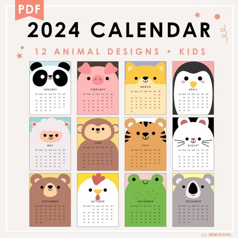 "🌟 Elevate your homeschooling experience with our Printable Calendar / Homeschooler Calendar for 2024! Bursting with vibrant colors and charming animal illustrations, this kids calendar is designed to make learning fun. Instantly download the high-resolution digital file, print at home, and embark on a year of learning adventures with your little ones with this 2024! 📅🎨 Our Monthly Calendar 2024 for kids is the perfect blend of organization and cuteness! This printable calendar is specially designed for homeschoolers, providing a delightful way to plan lessons and mark important dates.  Start the year with this cute calendar! 🗓️🎈 ✦ FEATURES  - Printable 2024 Calendar for Kids - In different cute animal face designs (Panda, Pig, Wolf, Penguin, Sheep, Monkey, Tiger, Rabbit, Bear, Chicke