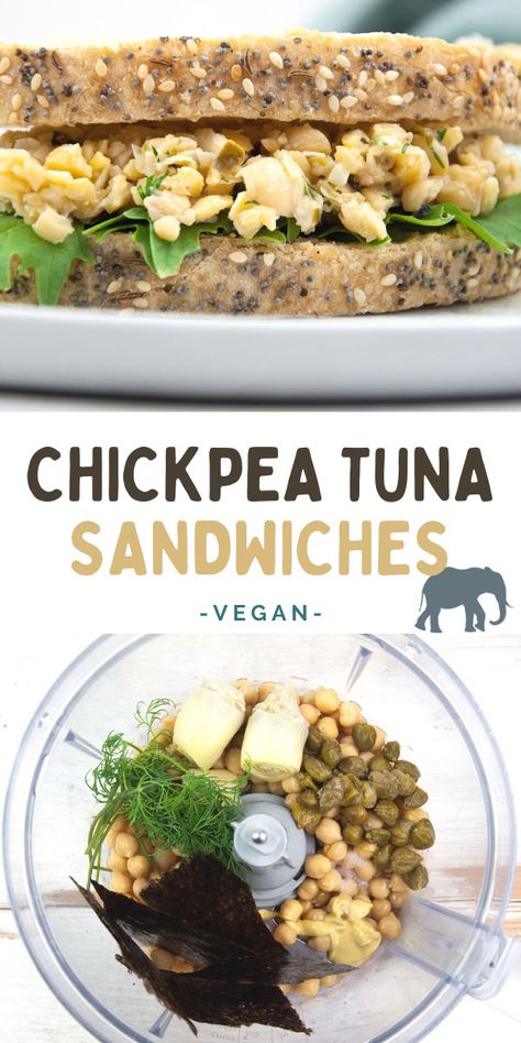 Chickpeas make a great tuna-inspired sandwich filling. The dill, capers, nori, and lemon juice add to that typical flavor. The „tuna“ mixture is also delicious in wraps! | ElephantasticVegan.com #vegantuna #chickpea Vegan Tuna Salad, Tuna Sandwiches, Chickpea Sandwich, Vegan Tuna, Vegan Sandwich Recipes, Tuna Salad Sandwich, Vegan Chickpea, Vegan Sandwich, Salad Sandwich