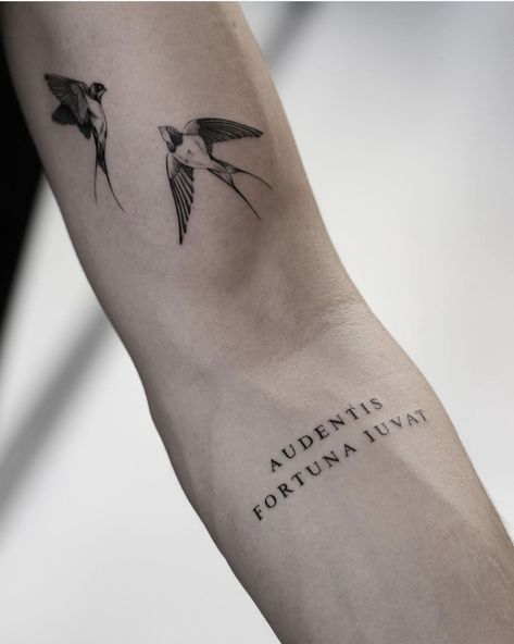 Small Tattoo Sleeve Men, Sparrow Tattoo Forearm, Minimalist Tattoo Font Letters, The Swallow Tattoo, Everything In Moderation Tattoo, Vintage Bird Tattoos For Women, Swallow Tattoo Men Forearm, Fine Line Tattoo Ideas For Men, Sparrow Tattoo Placement