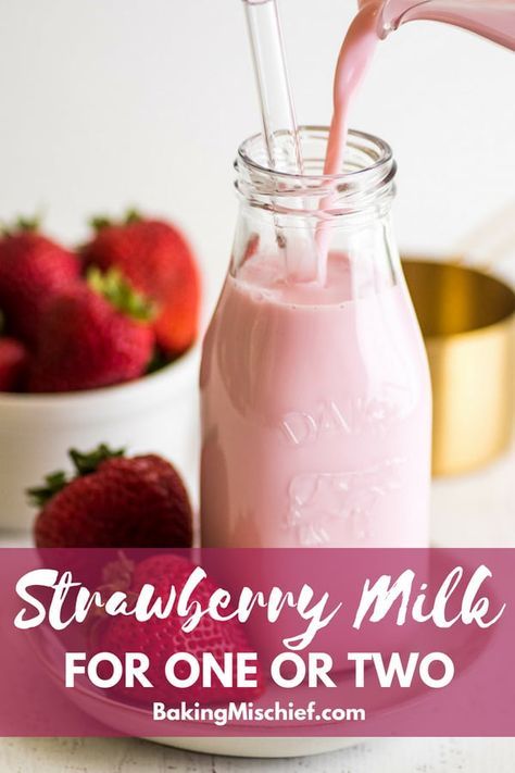 Super easy homemade Strawberry Milk for one or two. Takes less than 15 minutes to make! | #strawberries | #summer | #pink | Homemade Strawberry Milk, Fresh Drink, Delicious Drink Recipes, Healthy Drink, My Funny Valentine, Strawberry Milk, Sweet Cherries, Milk Recipes, Strawberry Recipes