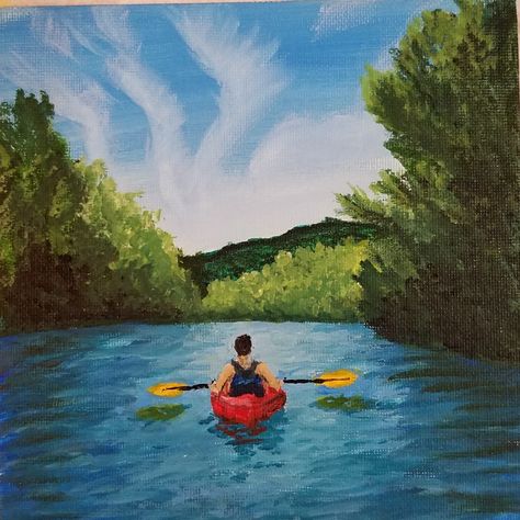 Canoe Painting Acrylic, River Rafting Painting, Paddle Board Painting, Kayaking Drawing, Kayaking Painting, River Painting Easy, Kayak Painting, Canoe Painting, Mountains Art Painting