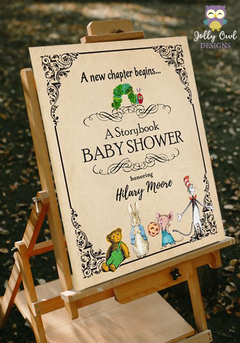 Add an eye-catching sign to welcome your guests on your Book themed or Storybook party! Whether it's a baby shower or a birthday party, this welcome sign is a perfect thing at your party entrance! #StorybookPartySign #BookParty #WelcomeSign Gender Reveal Book Theme, Story Book Theme Nursery, Nursery Ideas Book Theme, Baby Shower A New Chapter Begins, Golden Books Baby Shower Theme, Storybook Gender Reveal, Nursery Story Book Theme, Storybook Party Decorations, Baby Book Baby Shower Theme