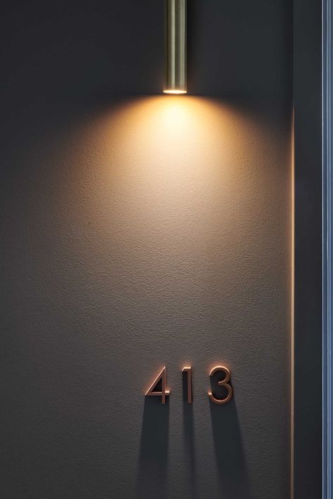 Apartment Door Number Ideas, Hotel Room Number Signage, Room Signage Design, Apartment Number Sign, Prince Design, Design Anthology, Hotel Corridor, Corridor Design, Signage Signs