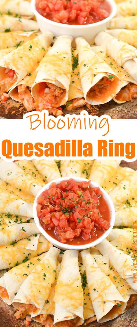 Blooming Quesadilla Ring, Blooming Quesadilla, Quesadilla Ring, Cheese Steak Quesadillas, Tortilla Cheese, Mexican Appetizers, Flour Tortilla, Spanish Dishes, Quesadilla Recipes