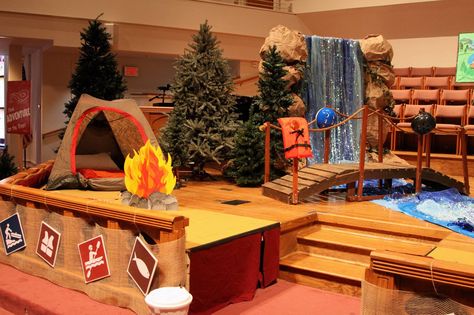 Great looking set with the tent, vest, campfire scene, and trees! Vbs Camping Theme, Camp Out Vbs, Camp Vbs, Camping Theme Party, Vbs Themes, Camping Set, Vbs Crafts, Camping Birthday, Camping Decor