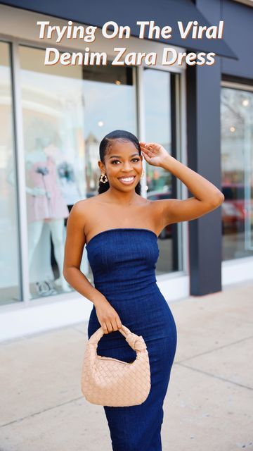 Ciara Anderson on Instagram: "Trying on the viral Zara Denim dress.. and I’m just obsessed 🥰✨Wearing an XS it’s a midi but it fits like a maxi on me. I’m 5’2😂❤️. Love finding petite girl friendly fits because it’s hard out here so I really appreciate size inclusive brands lol What are your favorite size inclusive clothing brands? Shop my looks via the link in my bio! Wasn’t able to link this dress though 😭 #ootd #inspirational #naturalhair" Zara Denim Dress Outfit, Maxi Denim Dress, Zara Denim Dress, Denim Dress Outfit, 2023 Outfits, I Really Appreciate, Dress Looks, Clothing Brands, Skirts Maxi