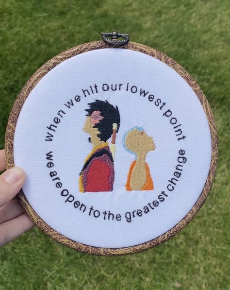 When we hit our lowest point, we are open to the greatest change. #Avatar #ATLA #FireNation #Airbender #digitalfile #DigitalEmbroideryFile #Embroidery #NerdAlert Embroidery Pop Culture, Pop Culture Embroidery, Avatar The Last Airbender Embroidery, Embroidery Avatar, Atla Embroidery, Avatar Embroidery, Avatar Crafts, Weird Diy, Appa Embroidery