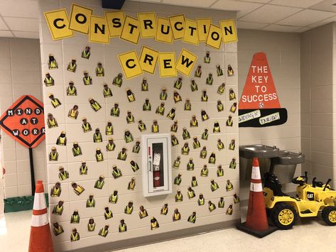 Construction classroom/hallway theme for fourth grade ; construction crew; under construction ; school decor Learning Under Construction, Construction Hallway Theme, Building The Future Theme, Under Construction Classroom Theme, Construction Theme Teacher Appreciation, Under Construction School Theme, Under Construction Theme Classroom, Construction Themed Bulletin Board Ideas, Construction Classroom Door