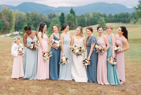 Dusty Blue And Pink Bridesmaid Dresses, Dusty Rose And Slate Blue Wedding Color Schemes, Sage Green Navy Blue Blush Pink Bridesmaids, Blue And Pink Bridal Party, Wedding Colors Blues And Pinks, Pink And Blue Bridesmaid Dresses, Blue And Pink Bridesmaid Dresses, Sage Green Dusty Blue Blush Pink Bridesmaid Dresses, Spring Wedding Color Palette Colour Schemes