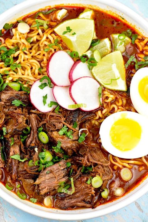 Recipes For Ramen Noodles, Football Dinner Ideas, Mexican Meal Prep, Birria Ramen, Mexican Beef Stew, Stewed Beef, Shredded Beef Recipes, Mexican Stew, Fusion Dishes