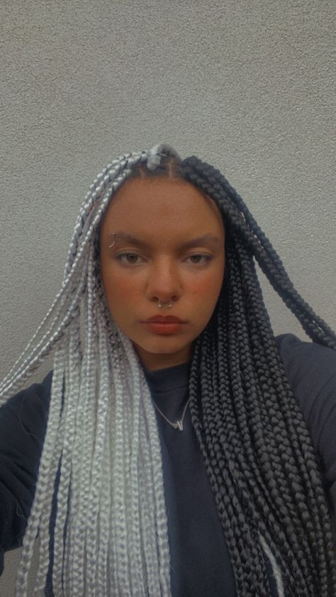 Black And White Cornrows, White Box Braids On Dark Skin, Half Black Half White Braids, Box Braids Half And Half Color, White And Black Box Braids, Grey And Black Box Braids, Black And White Braids For Black Women, White Braids Black Women, White And Black Braids