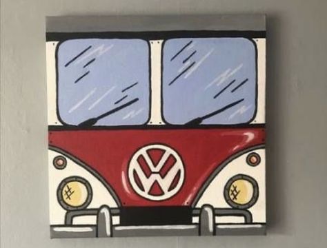 Volkswagen Painting Canvas, Retro Painting Ideas On Canvas, Car Painting Easy, Retro Paintings Ideas, Street Sign Art, Book Paintings, Mini Tela, Cute Easy Paintings, Art To Sell