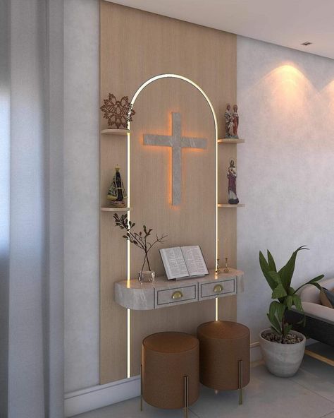 Home Altar Catholic Beautiful, Wall Altar Ideas Catholic, Catholic Home Altar Ideas Living Rooms, Home Altar Catholic, Prayer Room Ideas, House Renovation Projects, Altar Design, Church Interior Design, Catholic Decor