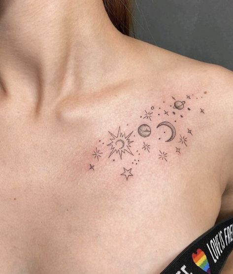 Moon And Stars Chest Tattoo, Chest Tattoo Stars, Chest Tattoo Ideas For Women, Tattoo Designs Fine Line, Tattoo Designs Minimalist, Fine Line Tattoo Designs, Line Tattoo Designs, Clavicle Tattoo, Chest Tattoo Ideas