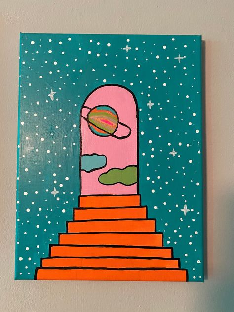 A canvas painting of a door to space Simple Space Painting Ideas, Paintings With Paint Markers, Stop Light Painting, Simple Space Painting, Painting Ideas Small Canvas, Kid Painting Ideas, Canvas Painting Space, Space Painting Easy, Cute Simple Painting Ideas