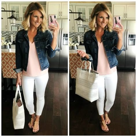 Blush Top with White Jeans and Sam Edelman Sandals // Easy outfit you can try right now // How to accessorize an outfit // Under $50 non sheer white jeans // Spring and Summer Fashion #shopthelook #blushtop #whitejeans #samedelmansandals #easyoutfityoucantryrightnow #howtoaccessorize #accessories #baublebarearrings #under50dollarwhitejeans #nonsheerwhitejeans #springfashion #summerfashion White Jeans Spring, Hampton Fashion, Mode Ab 50, Coloured Denim, Airport Outfits, Summer Internship, Teacher Clothes, White Jeans Outfit, Teaching Outfits