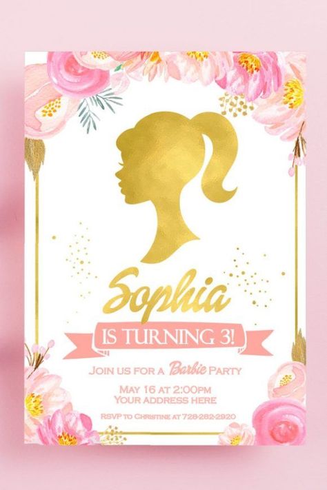 Every little fashionista loves Barbie, which is why she's a great theme for a girl's birthday party. If you really want to see Barbie shine then don't miss this impressive gold silhouette Barbie surrounded by pretty flowers. See more party ideas and share yours at CatchMyParty.com Barbie Birthday Invites Invitation Ideas, Pink And Gold Barbie Birthday Party, Barbie Bday Invitation, Barbie Party Invites Invitation Ideas, Barbie Theme Birthday Invitation, Barbie Birthday Party Invitations Free Printable, Barbie Party Invitations Template, Barbie Birthday Invite, Barbie Invitation Template Free Printable