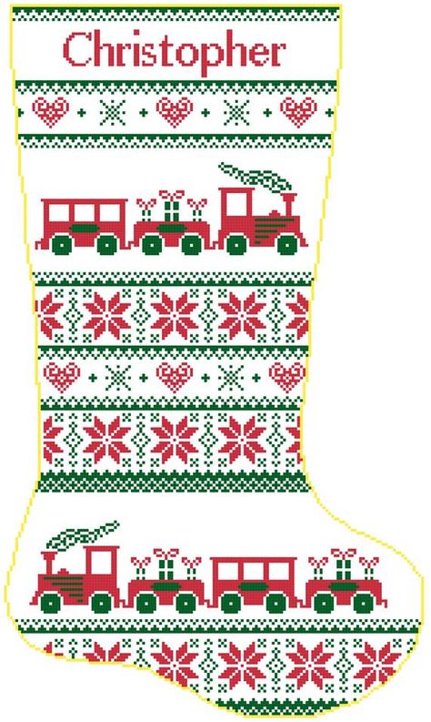 THIS IS A COMPUTER GENERATED PATTERN, THIS IS FOR THE PATTERN ONLY, NOT A KIT. The Train and Poinsettias 2B with Name Christmas Stocking Cross Stitch Pattern is one of my own personal creations and sure to make anyone very happy! Please enjoy this pattern for your own personal use. You may not Cross Stitch Train, Christmas Cross Stitch Alphabet, Stocking Cross Stitch Pattern, Christmas Stocking Cross Stitch, Snowman Cross Stitch Pattern, Cross Stitch Stocking, Cross Stitch Christmas Stockings, Stocking Designs, Holiday Cross Stitch