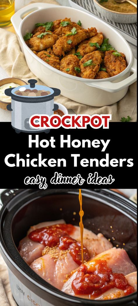 A collage of two images showing the process of making Hot Honey Chicken Tenders in a slow cooker. The top image shows raw chicken tenders in a slow cooker with a sauce being poured over them. The bottom image shows the finished dish, with crispy chicken tenders glazed in a sweet and spicy sauce, served with mashed potatoes and vegetables. Slow Cooker Chicken Tenderloin Recipes, Crockpot Recipes Chicken Tenderloins, Honey Chicken Sauce Recipe, Crockpot Chicken Appetizers, Hot Honey Chicken Sauce, Crock Pot Chicken Tenderloins, Chicken Tenderloins Crockpot, Crockpot Chicken Tender Recipes, Chicken Tenders In Crockpot