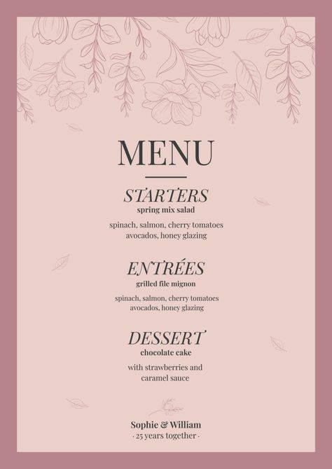 Pink Menu Template, Pink Wedding Menu, Hosting Era, Rehearsal Dinner Menu, Treat Business, Wedding Menus Design, Spring Mix Salad, Menu Illustration, Menu Card Template