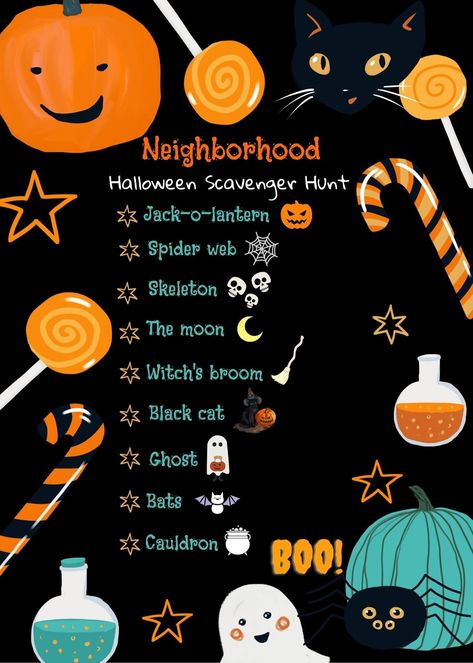 Printable Halloween scavenger hunt and poem to get kids excited and ready for the holiday! Add a fun game to your autumn family walks. Explore your neighborhood and search for Halloween and fall decorations.  This game is great for families, parties or indoor fun if the weather calls for an indoor game. Creative Halloween Activities, Family Halloween Activities At Home, Halloween Activities For Families, Halloween Neighborhood Party, This Is Halloween, Toddler Halloween Party Ideas, Printable Halloween Scavenger Hunt, Halloween And Fall Decorations, Halloween Party Games For Kids